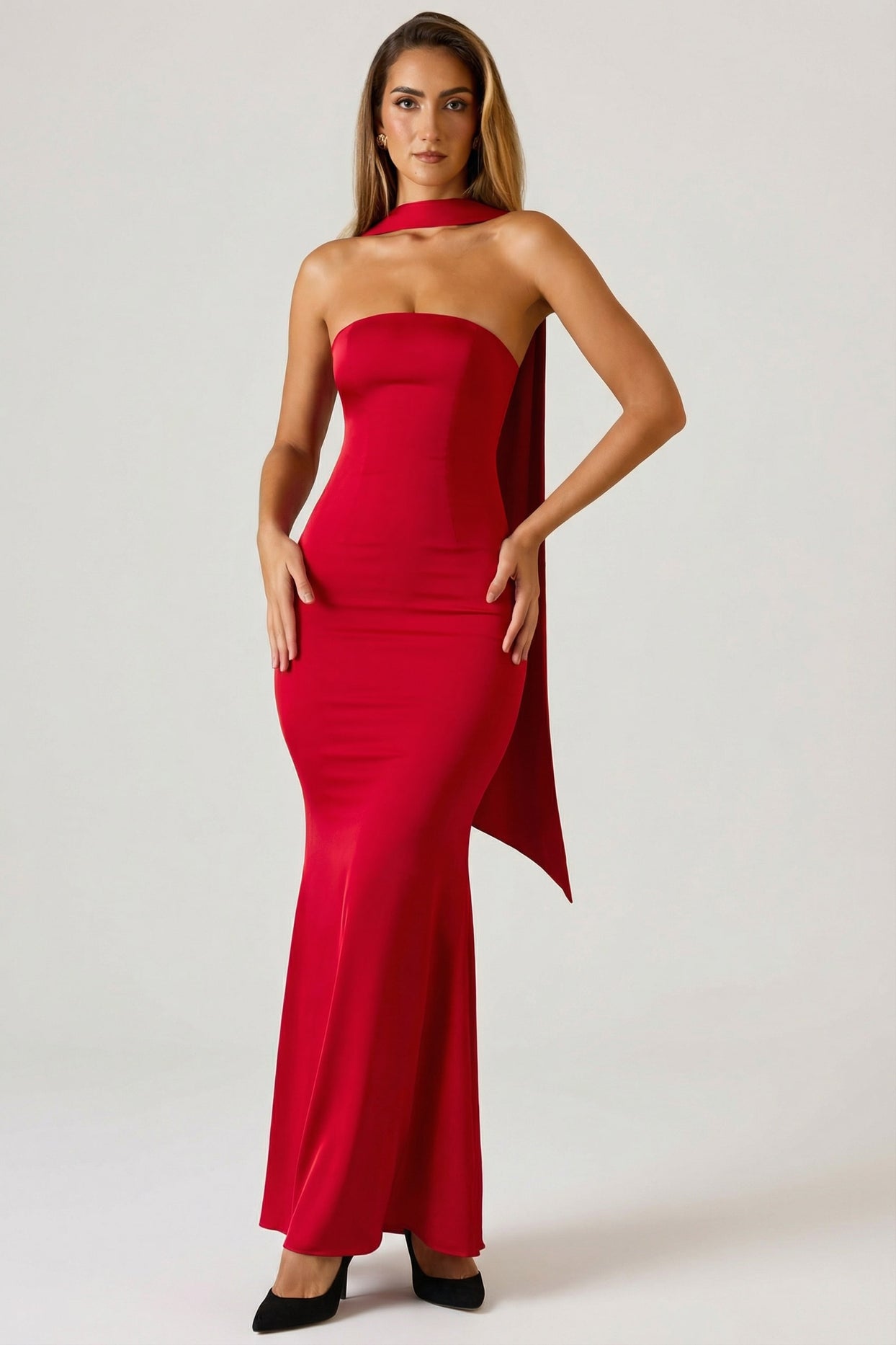 Scarf-Detail Strapless Gown in Scarlet Red - 7
