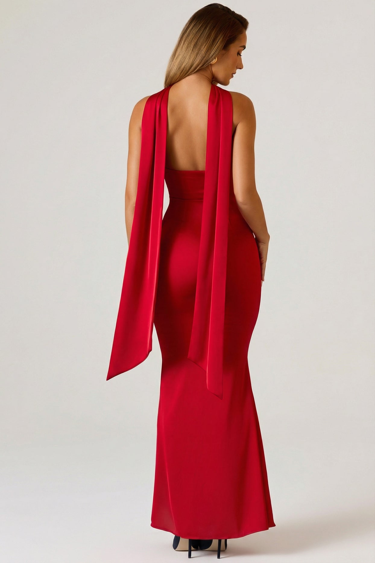 Scarf-Detail Strapless Gown in Scarlet Red - 2