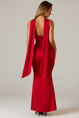 Scarf-Detail Strapless Gown in Scarlet Red