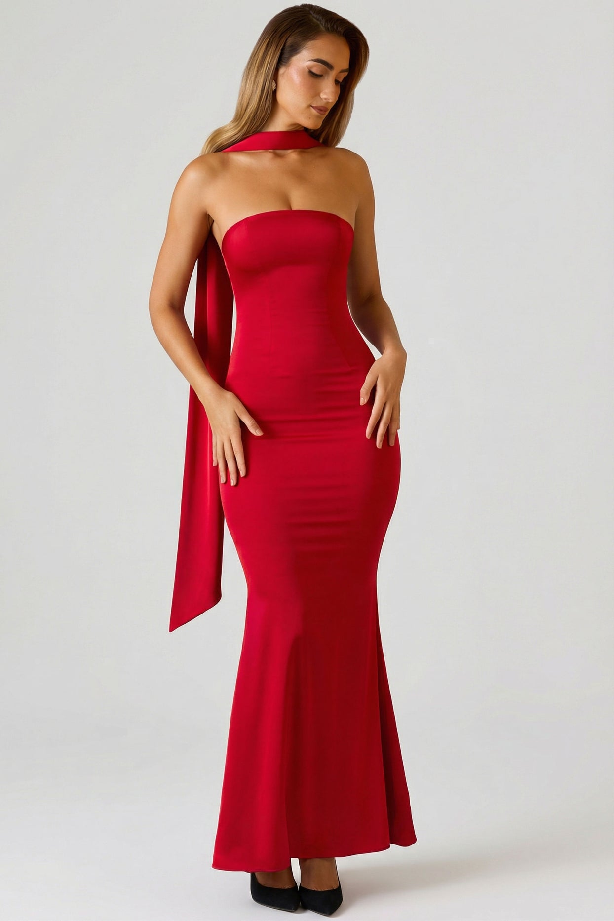 Scarf-Detail Strapless Gown in Scarlet Red - 1