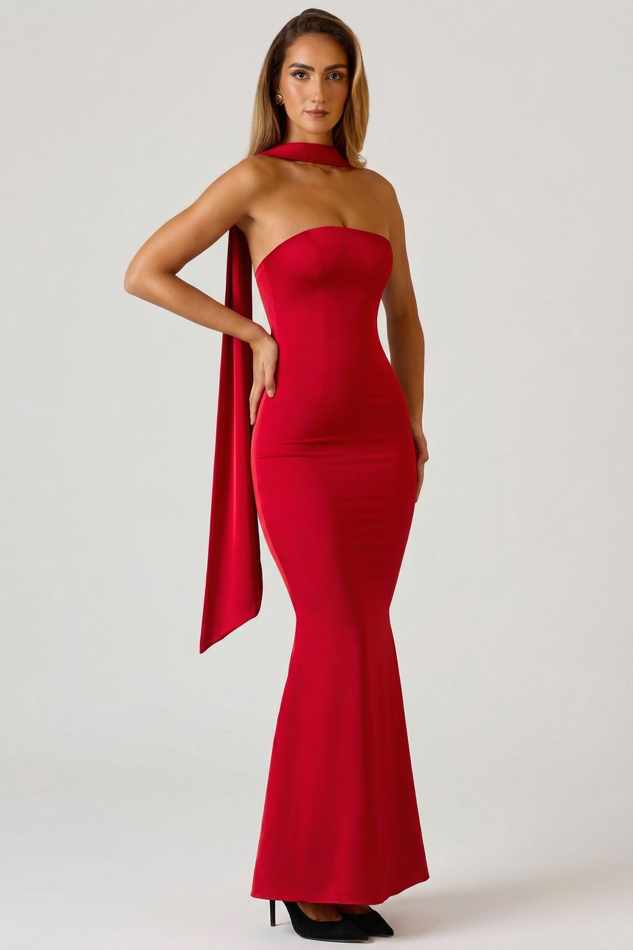 Scarf-Detail Strapless Gown in Scarlet Red - 5