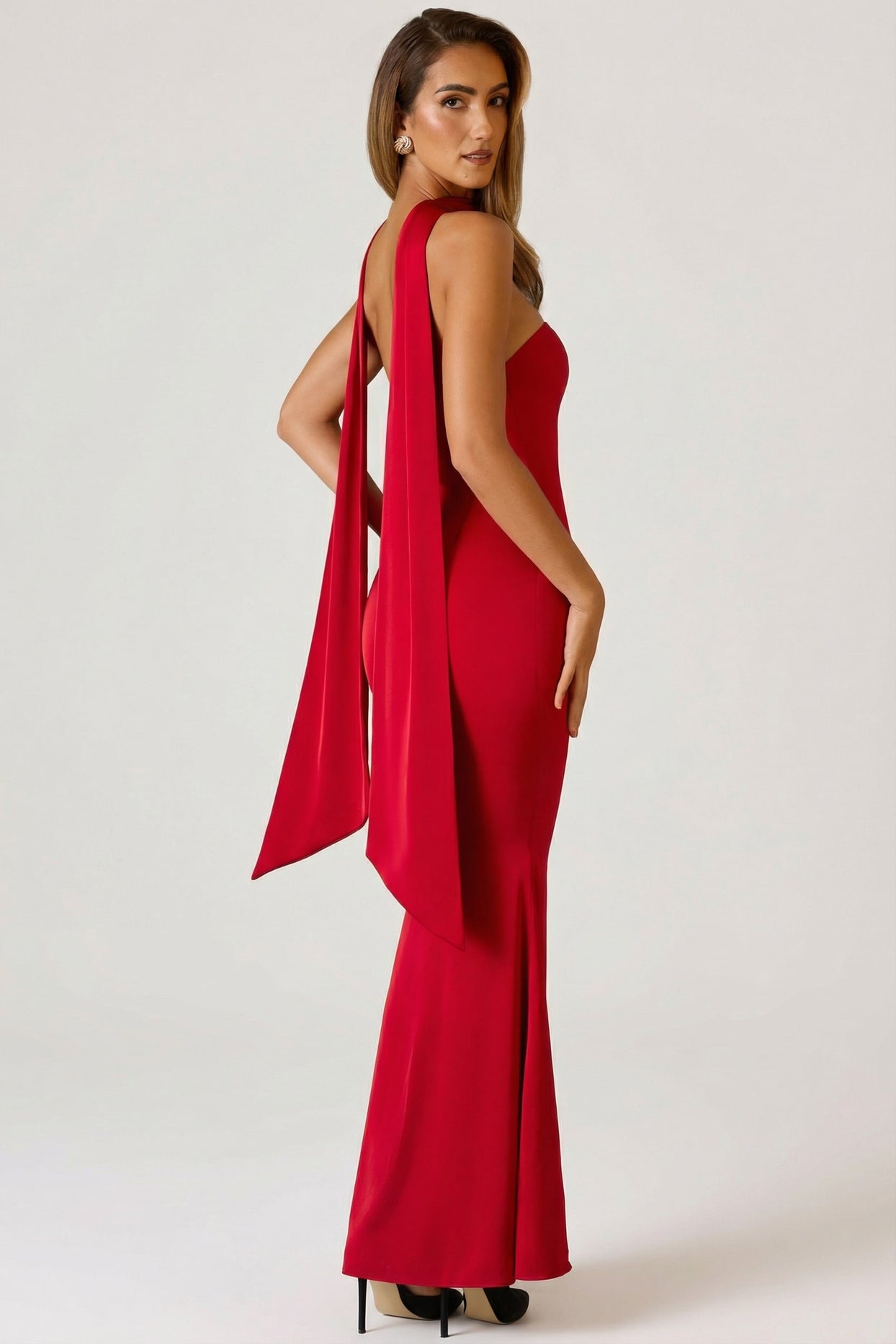 Scarf-Detail Strapless Gown in Scarlet Red - 6
