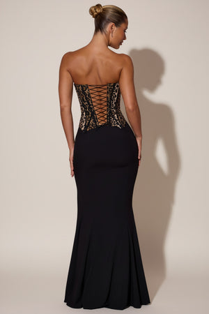 Lace-Up Corset Fishtail Maxi Dress in Black
