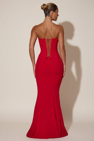 Lace-Up Corset Fishtail Maxi Dress in Red