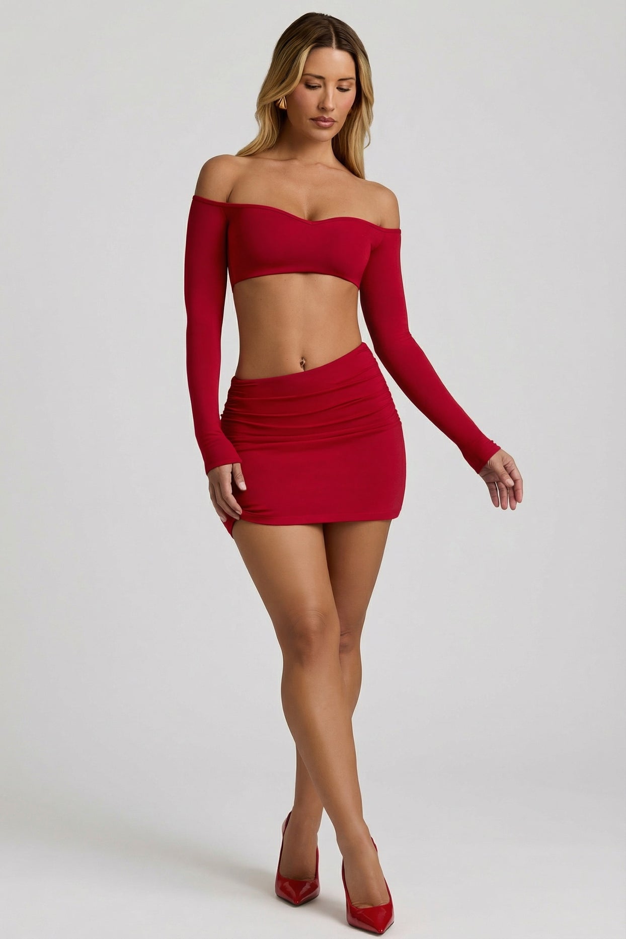 Modal Asymmetric-Waist Mini Skirt in Red - 7