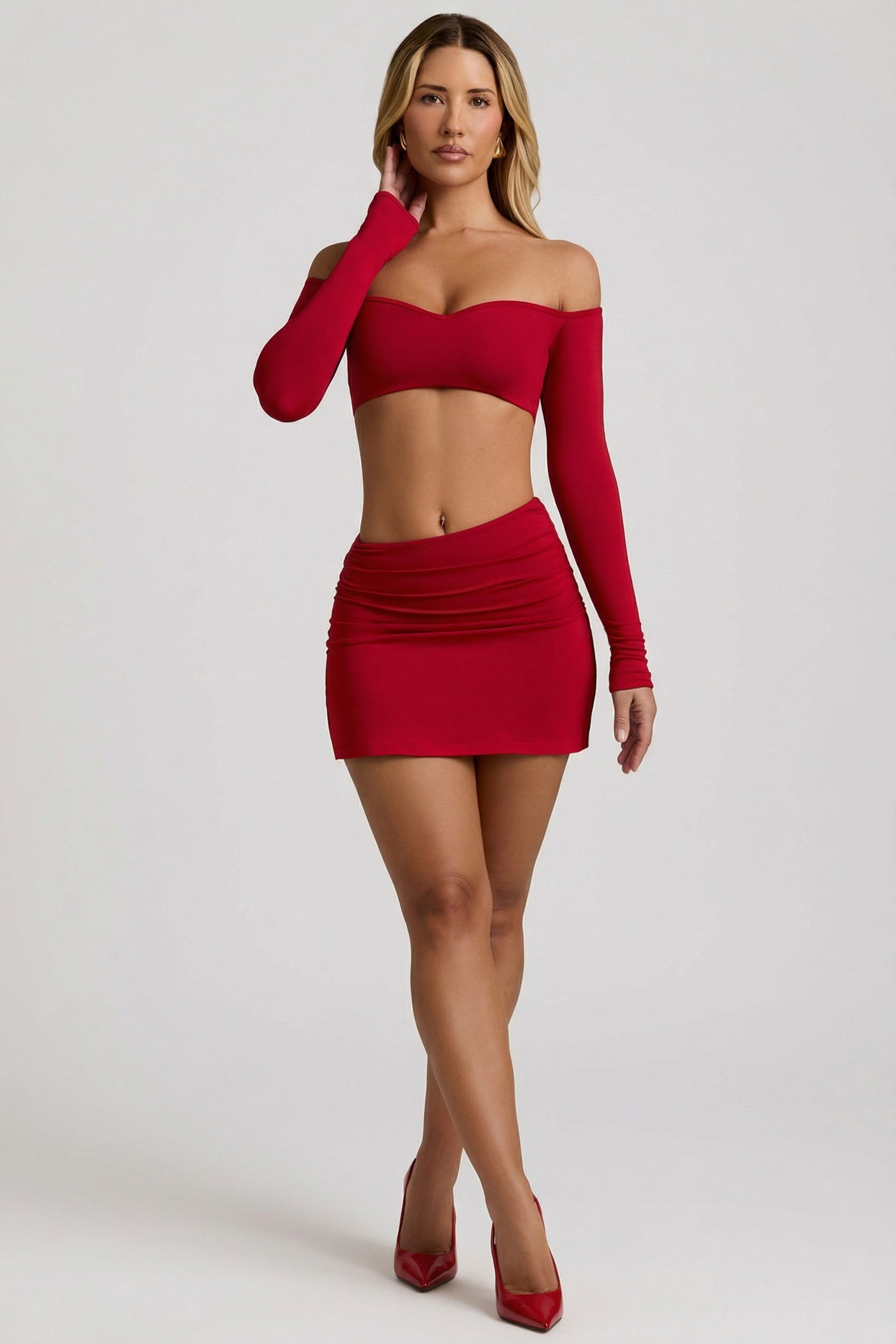 Modal Asymmetric-Waist Mini Skirt in Red - 9
