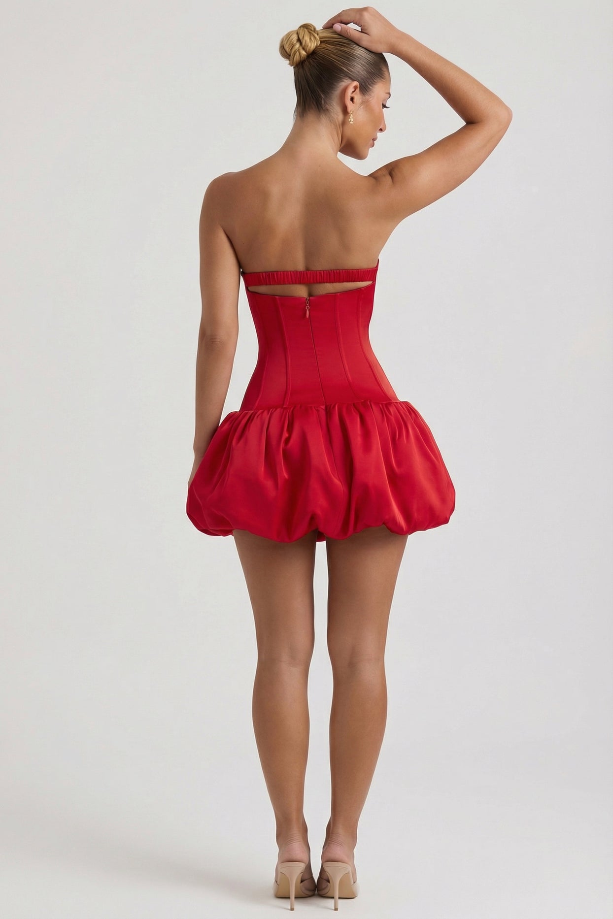 Cut-Out Bubble Hem Corset Mini Dress in Red - 5