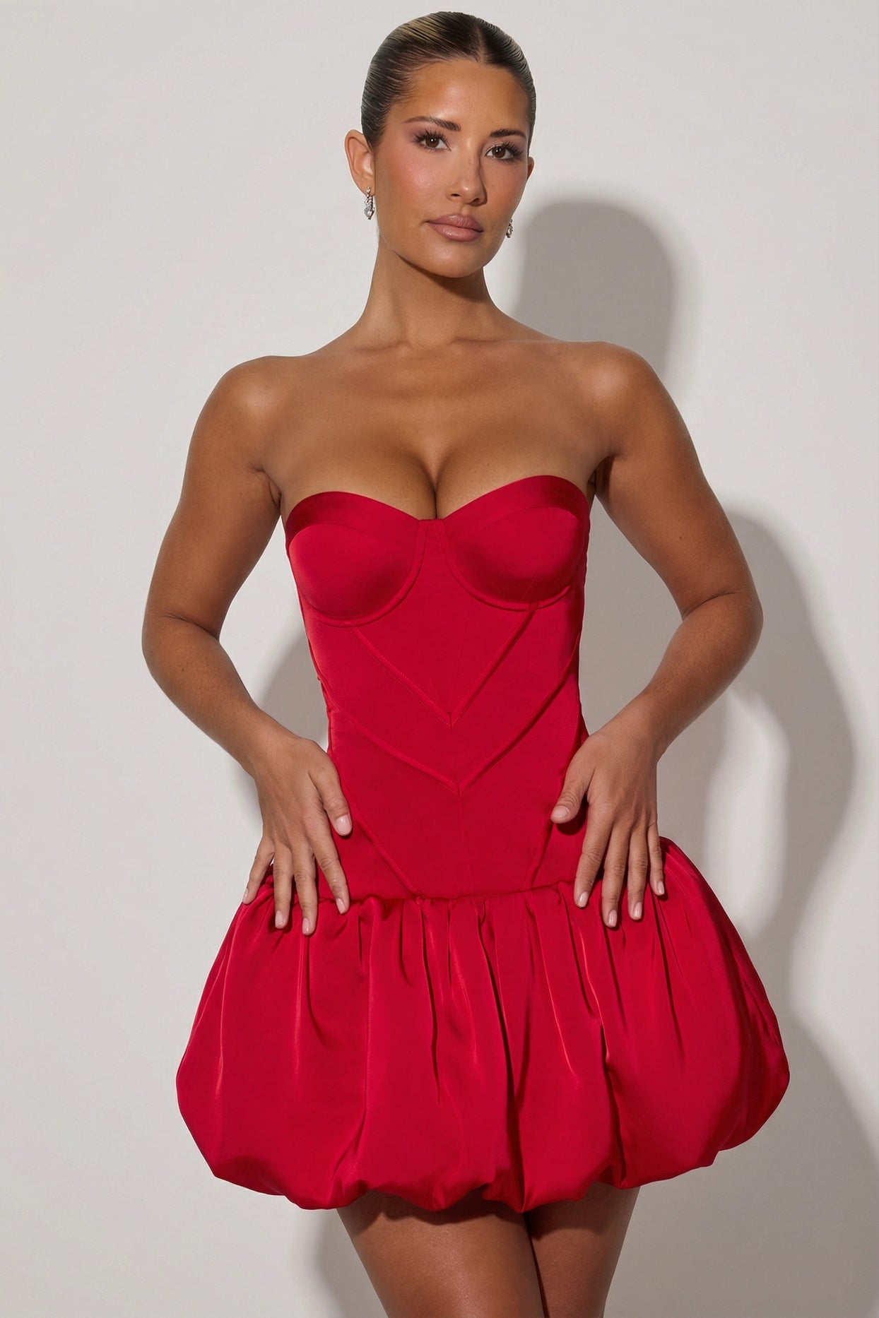 Cut-Out Bubble Hem Corset Mini Dress in Red - 1