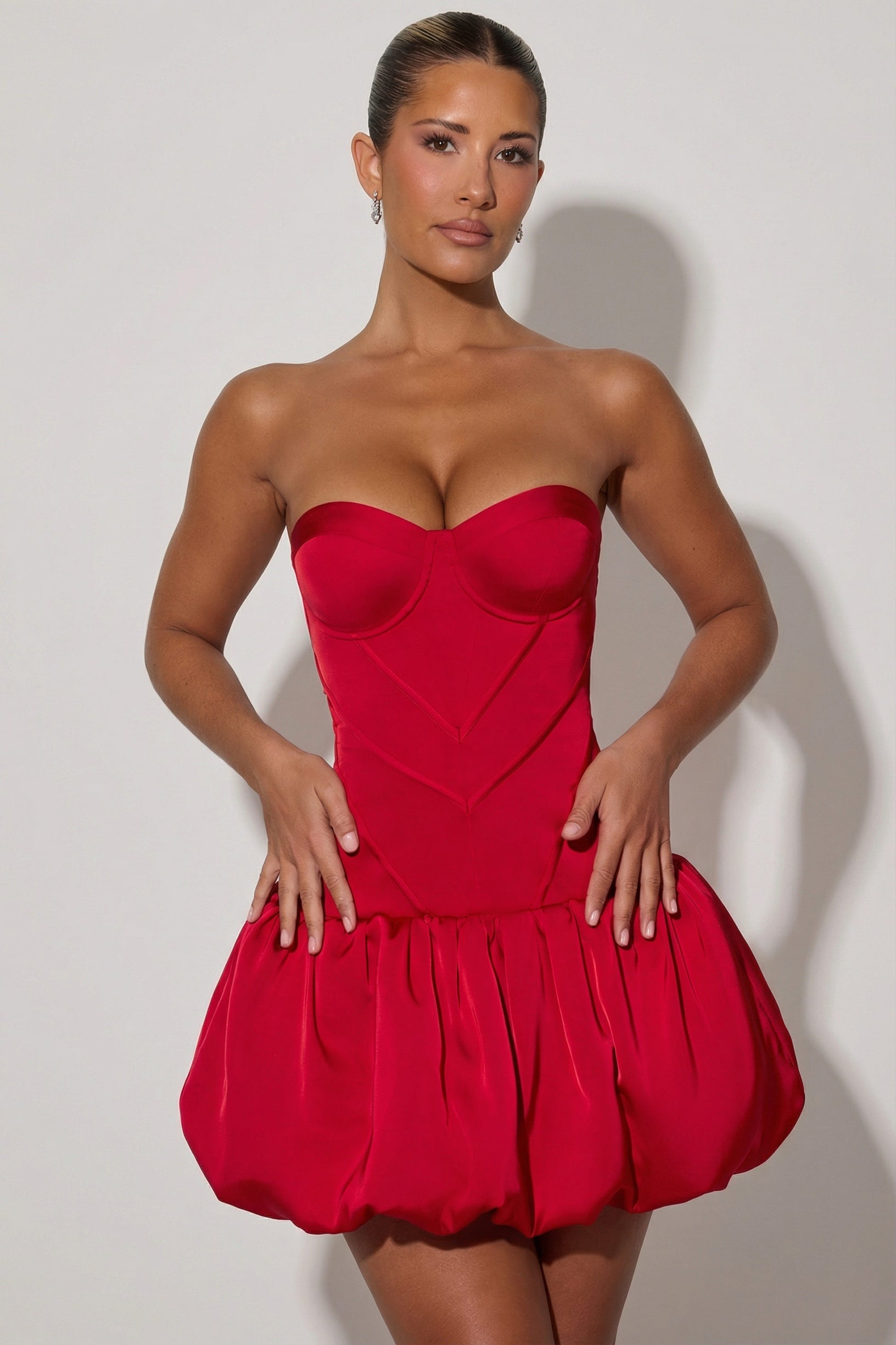 Cut-Out Bubble Hem Corset Mini Dress in Red - 1