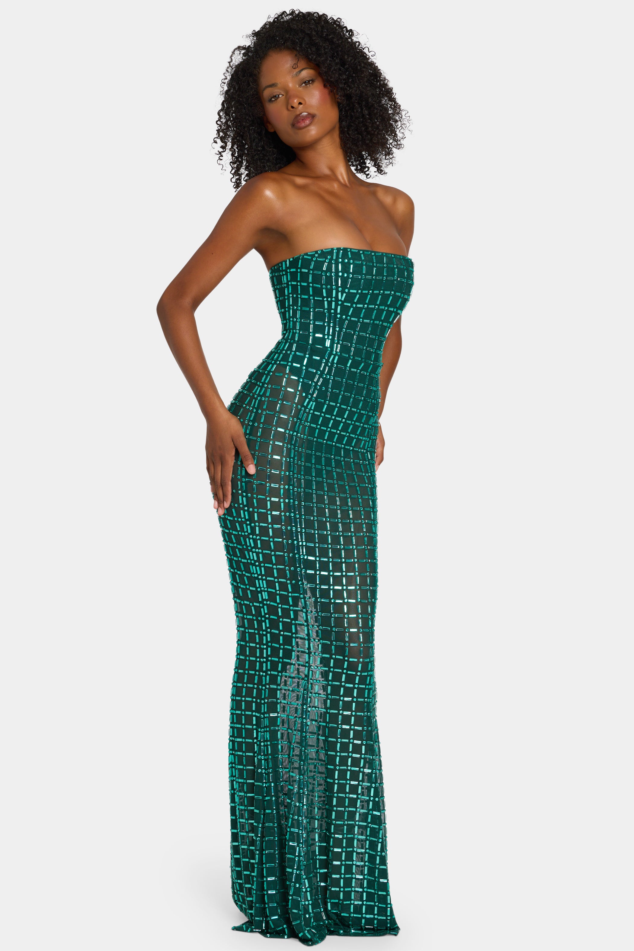 Embellished Strapless Gown in Emerald Green