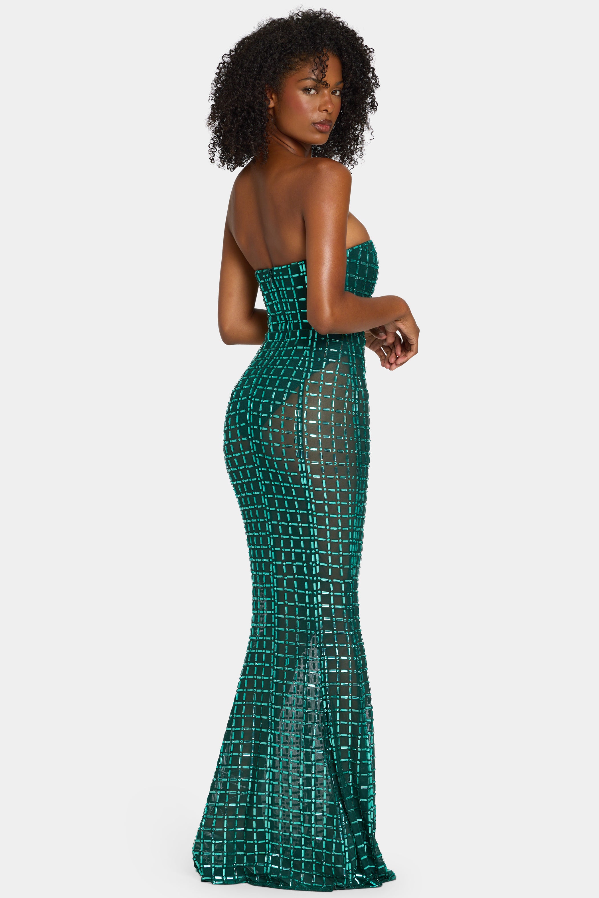 Embellished Strapless Gown in Emerald Green