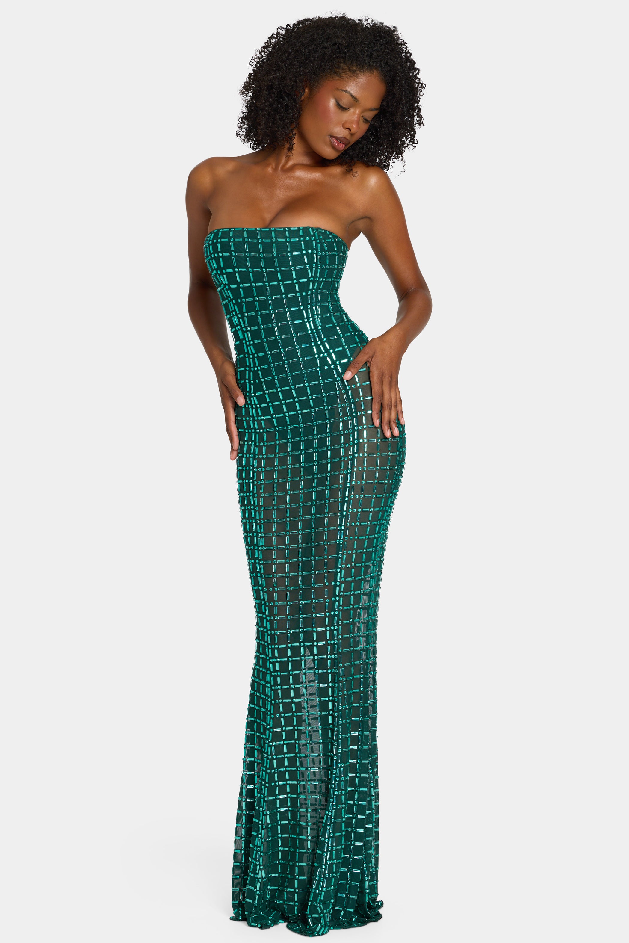 Embellished Strapless Gown in Emerald Green