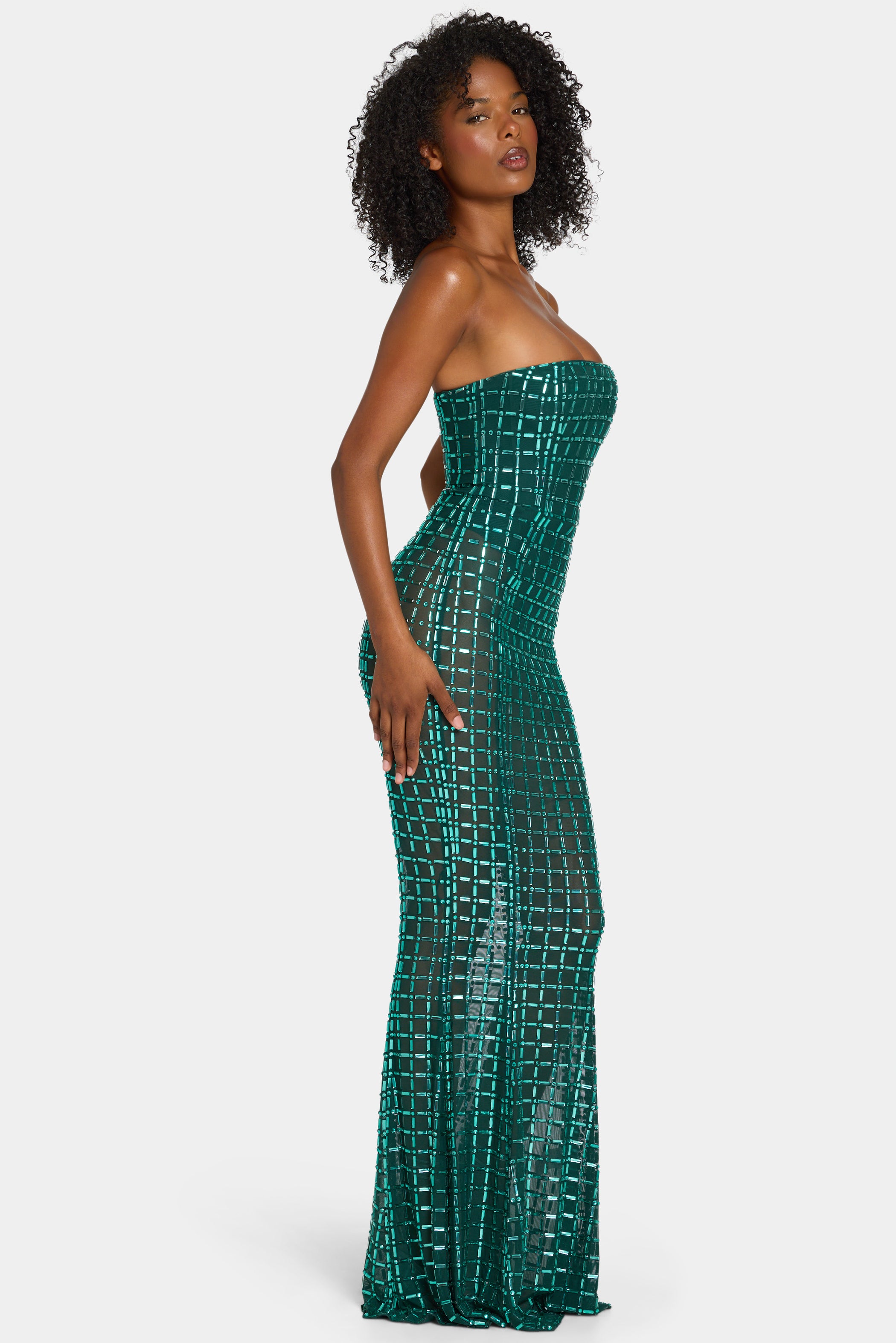 Embellished Strapless Gown in Emerald Green