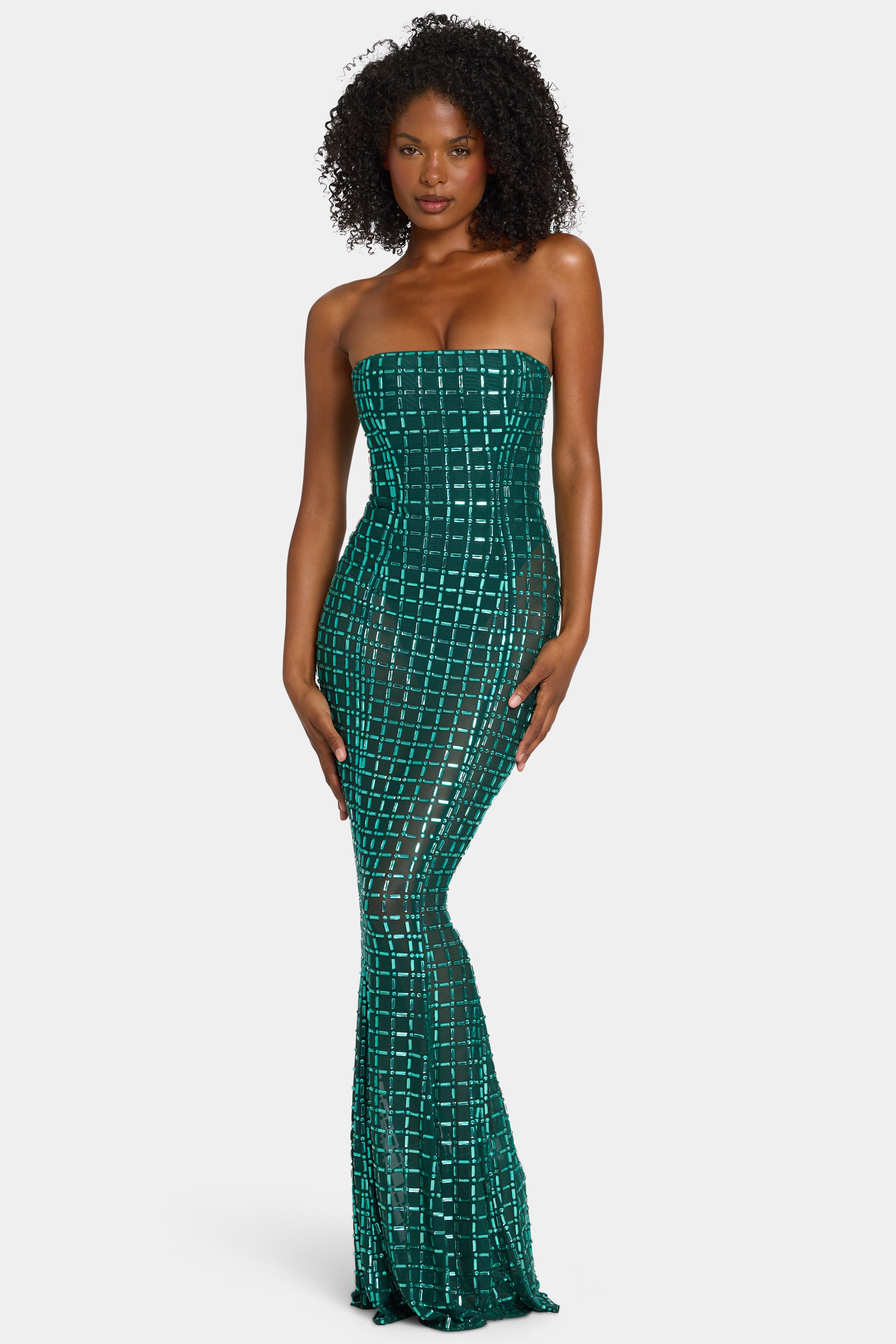 Embellished Strapless Gown in Emerald Green