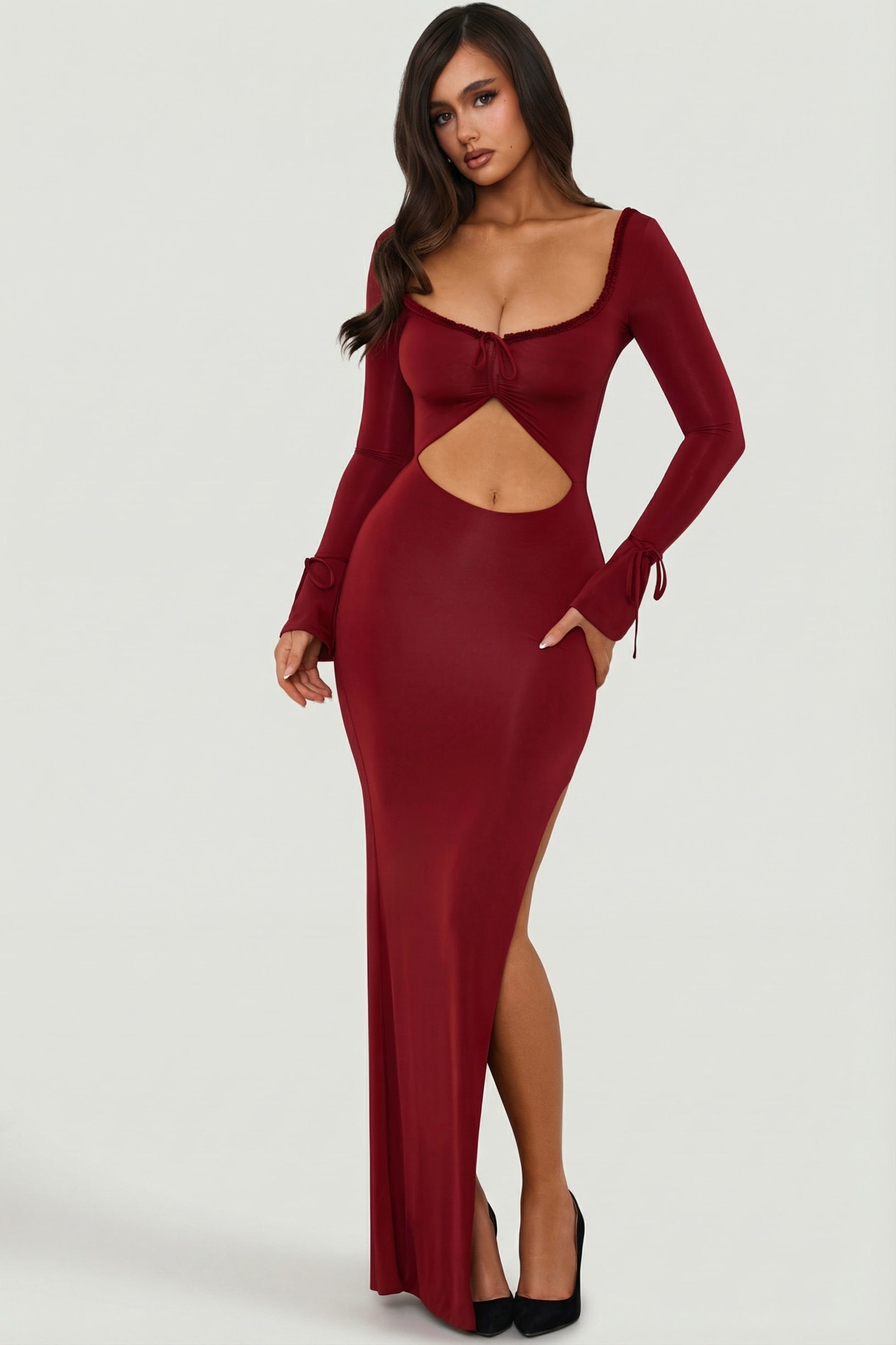 Ruffle-Trim Cut-Out Maxi Dress in Berry Red - 1
