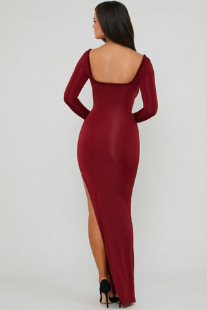 Ruffle-Trim Cut-Out Maxi Dress in Berry Red