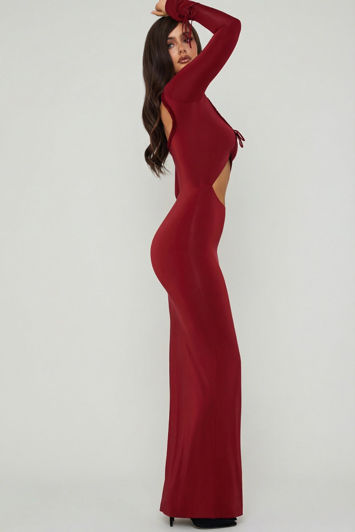 Ruffle-Trim Cut-Out Maxi Dress in Berry Red - 4