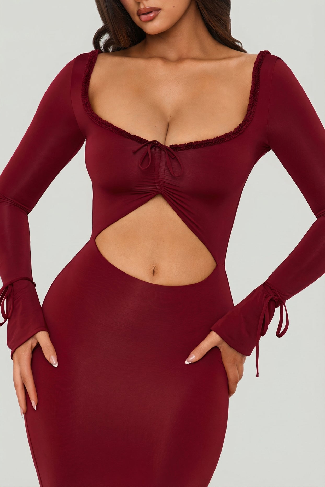 Ruffle-Trim Cut-Out Maxi Dress in Berry Red - 3