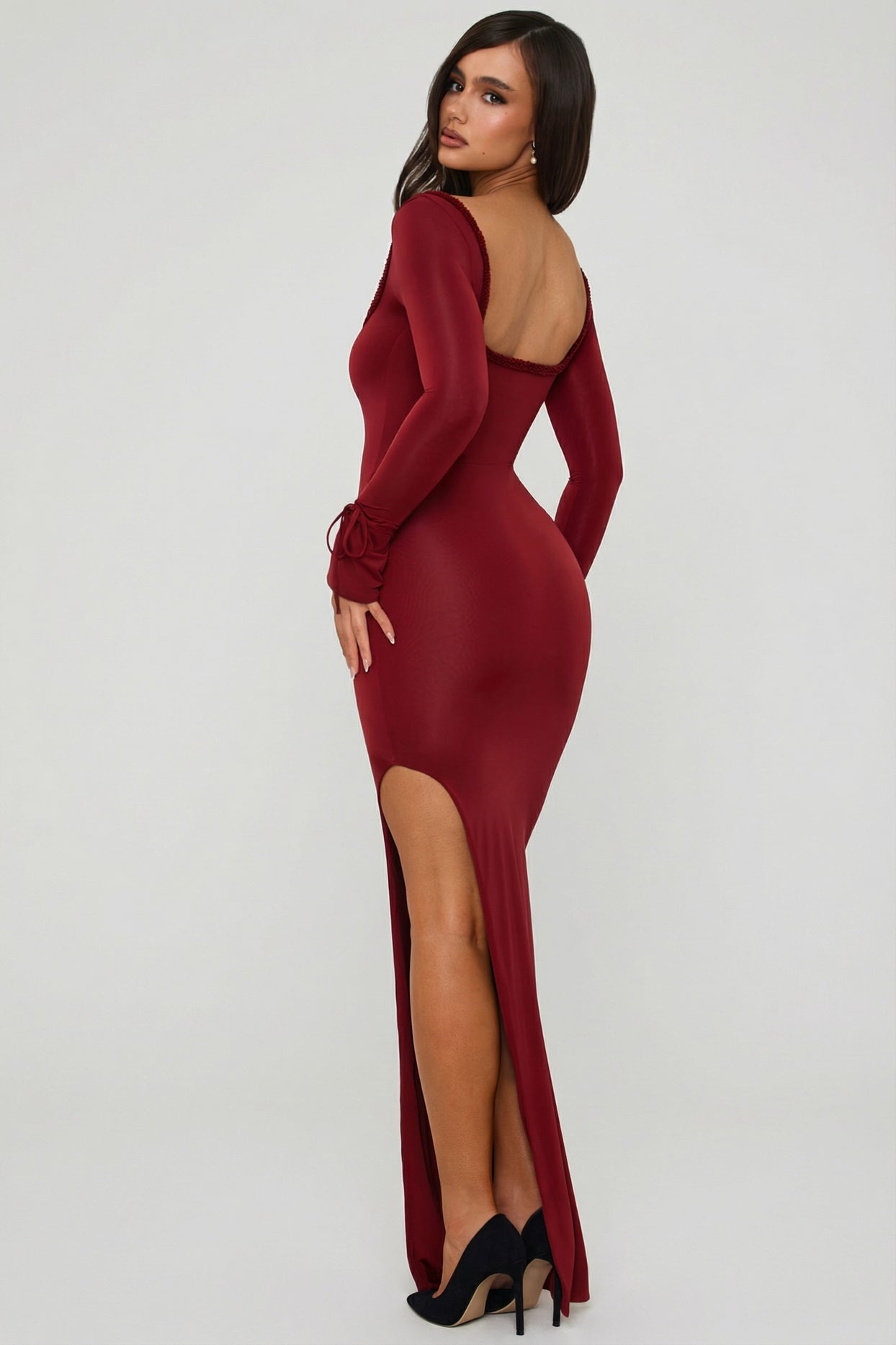 Ruffle-Trim Cut-Out Maxi Dress in Berry Red - 8