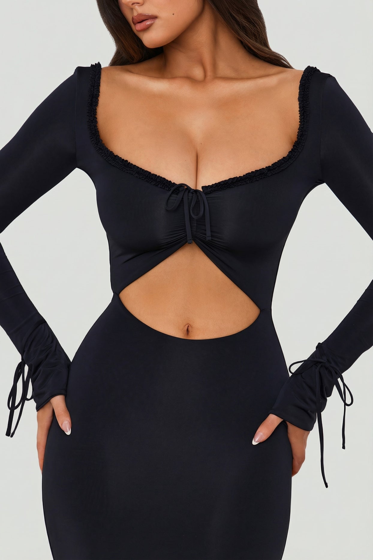 Ruffle-Trim Cut-Out Maxi Dress in Black - 3
