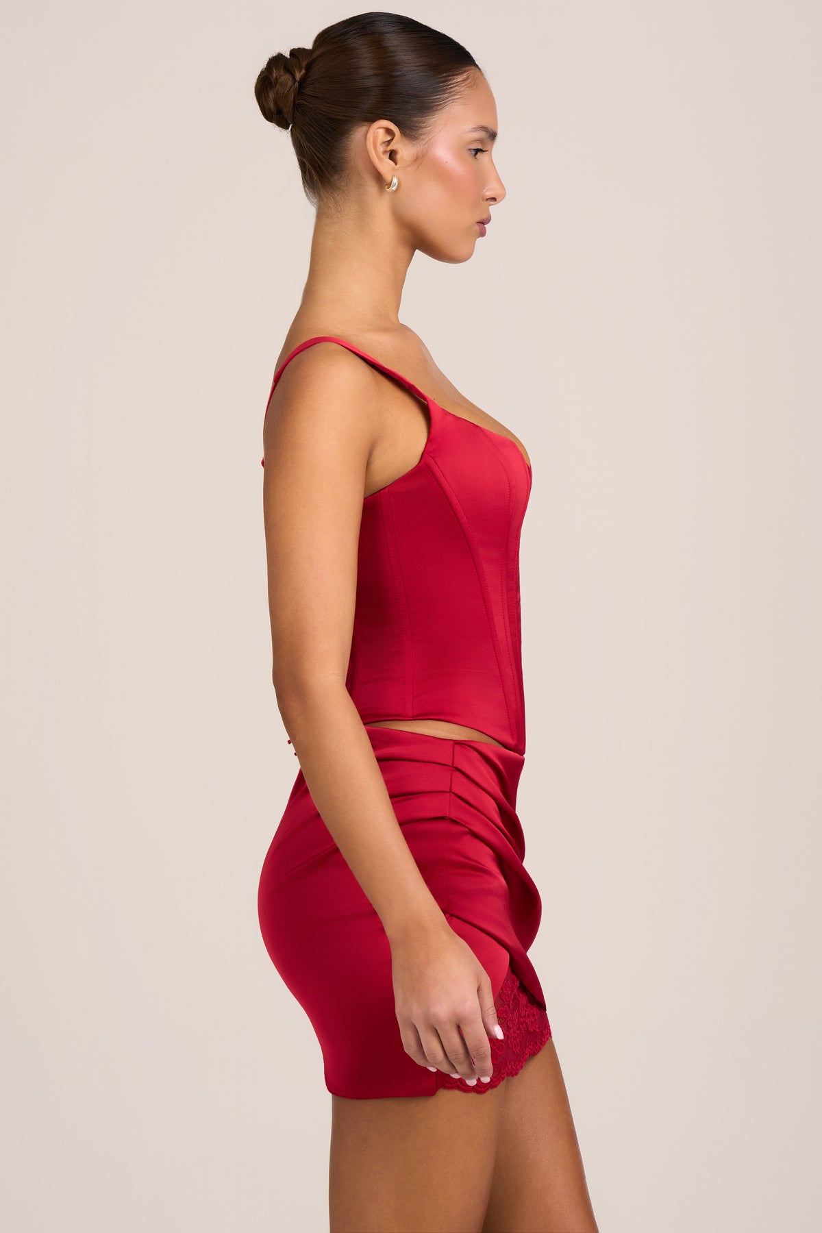 Satin Low-Rise Mini Skirt in Fire Red