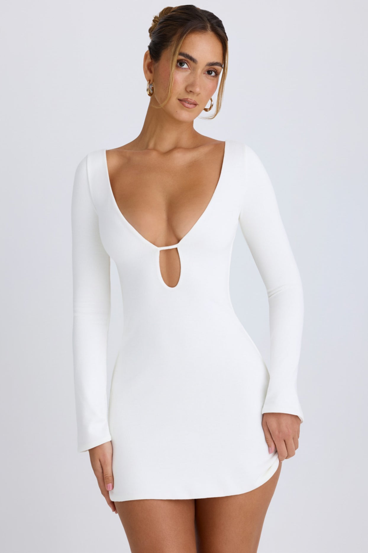 Cut-Out Long-Sleeve Mini Dress in White - 1