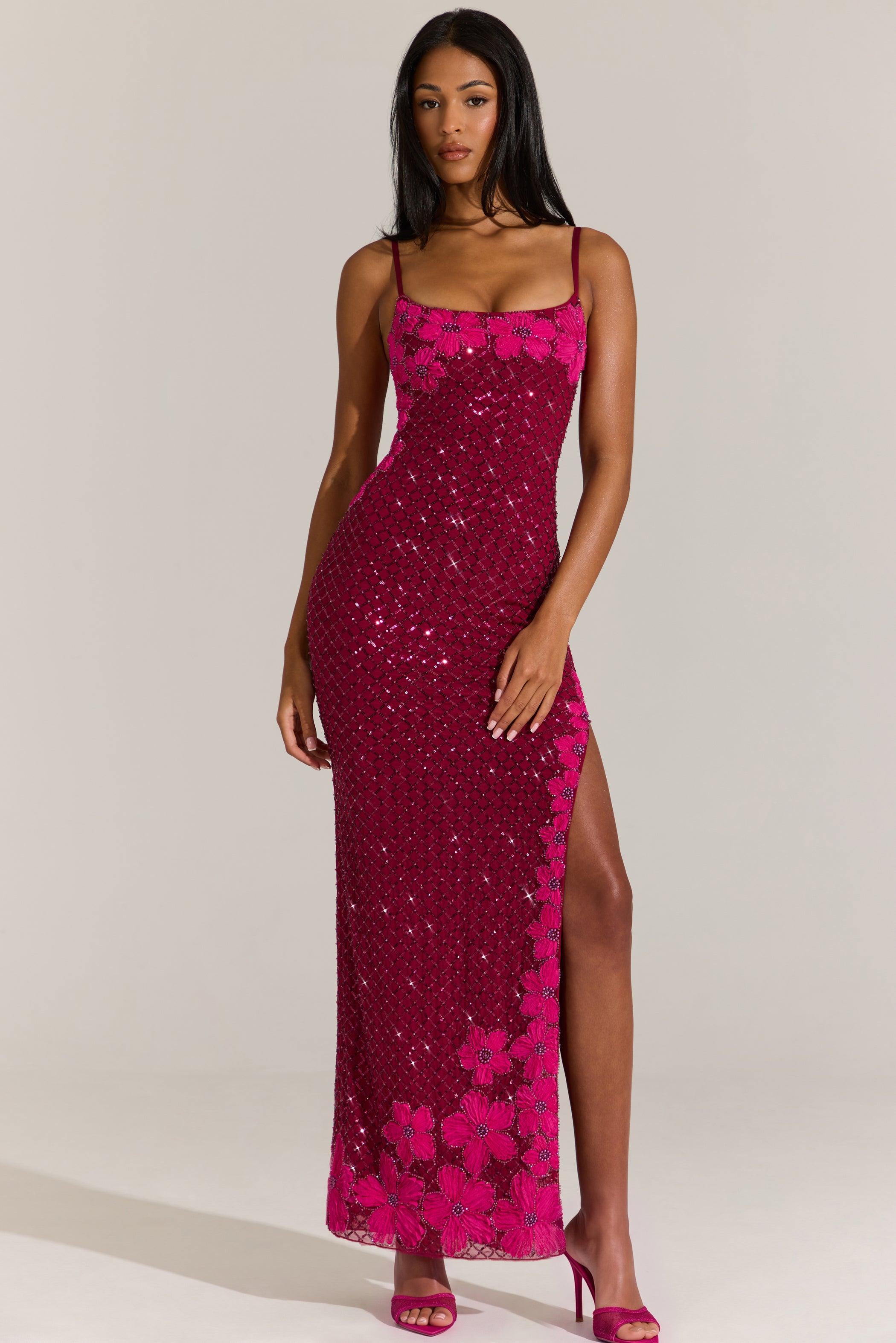 Embellished Square-Neck Maxi Dress in Cranberry