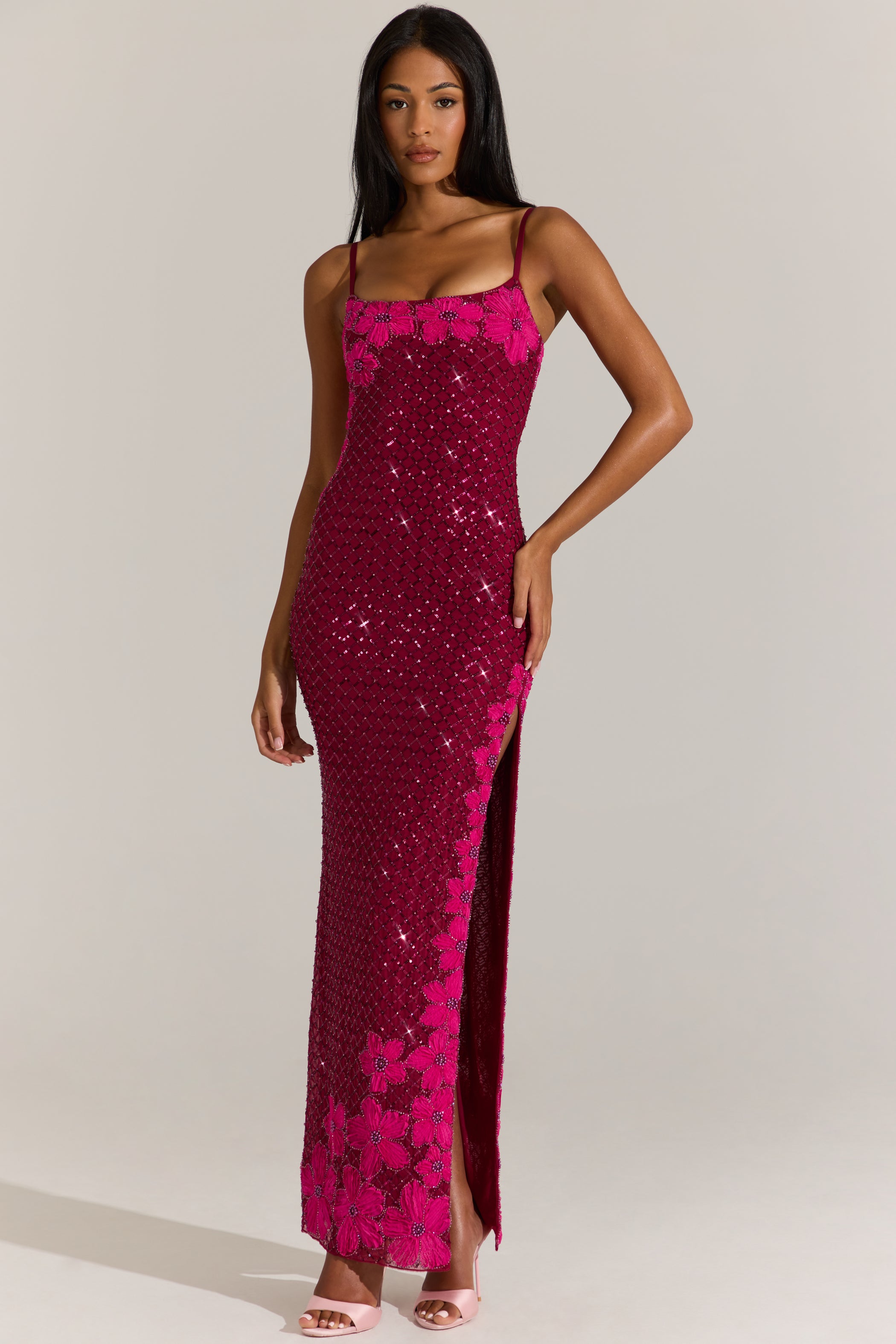 Embellished Square-Neck Maxi Dress in Cranberry