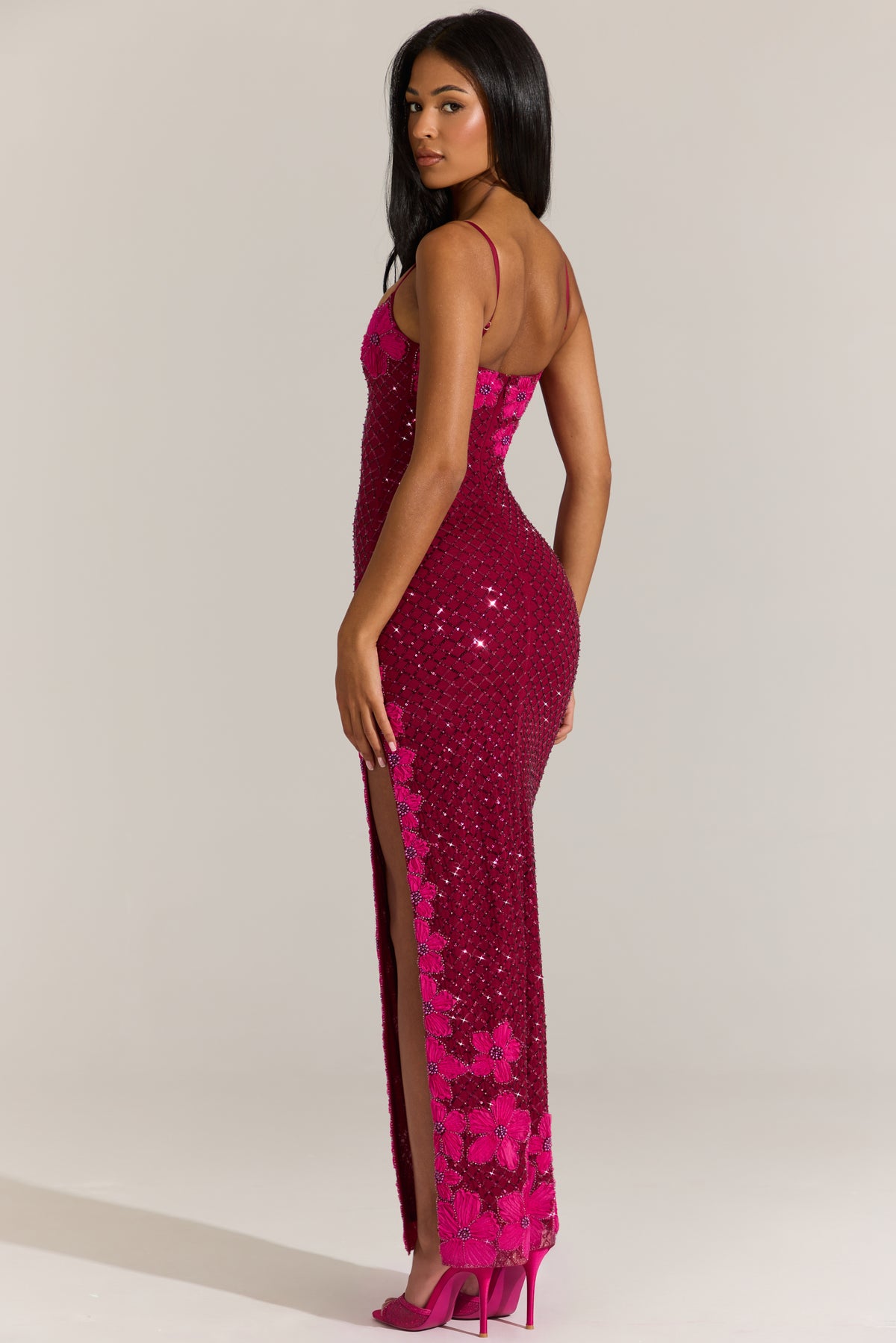 Embellished Square-Neck Maxi Dress in Cranberry