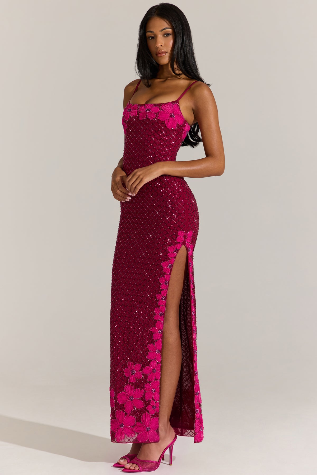 Embellished Square-Neck Maxi Dress in Cranberry