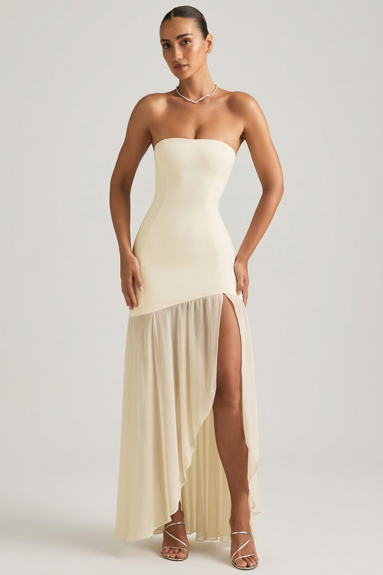 Asymmetric Strapless Fishtail Maxi Dress in Ivory - 5