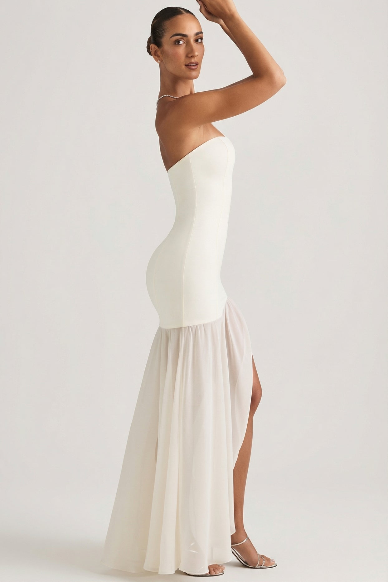 Asymmetric Strapless Fishtail Maxi Dress in Ivory - 3