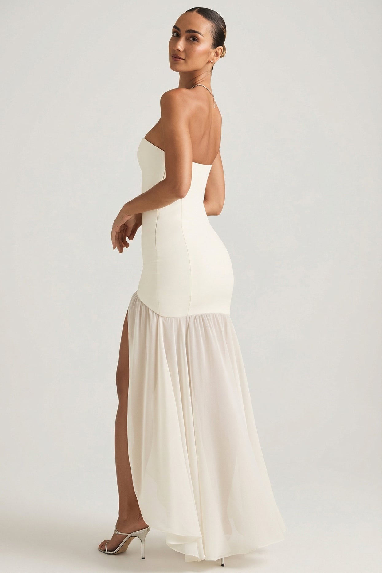 Asymmetric Strapless Fishtail Maxi Dress in Ivory - 6