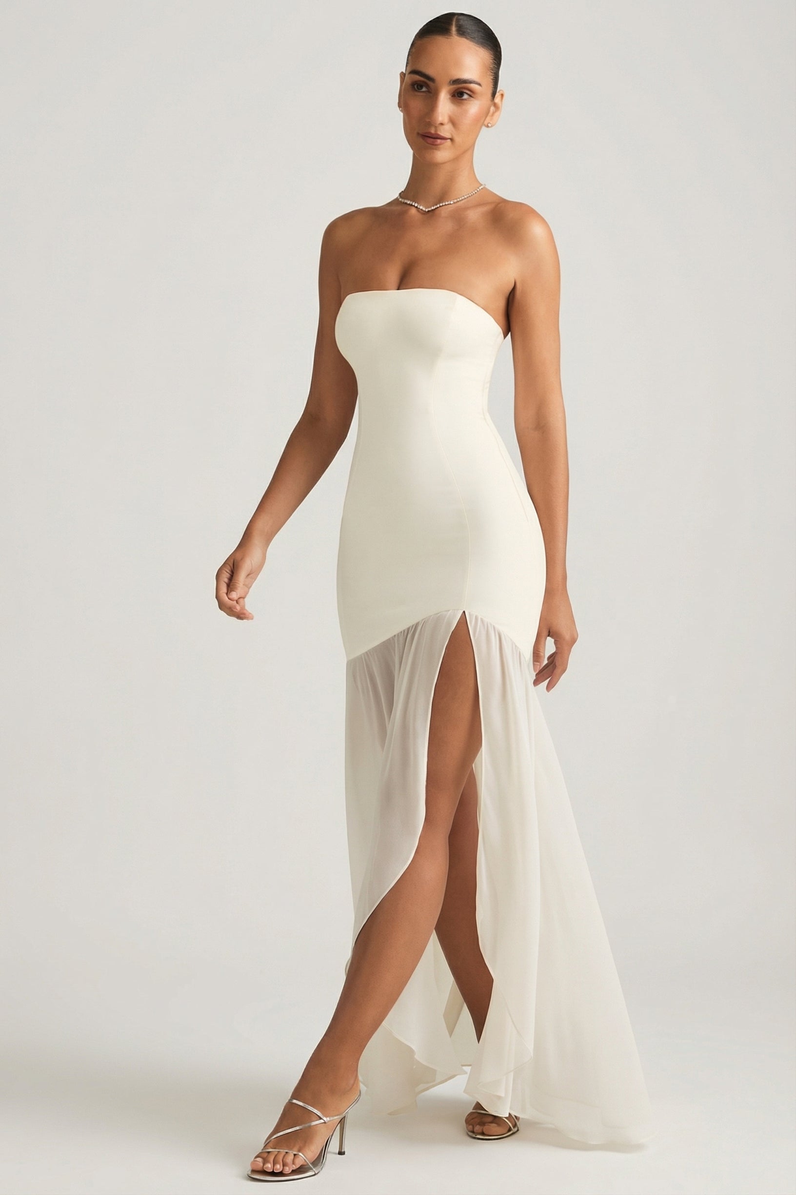 Asymmetric Strapless Fishtail Maxi Dress in Ivory - 1