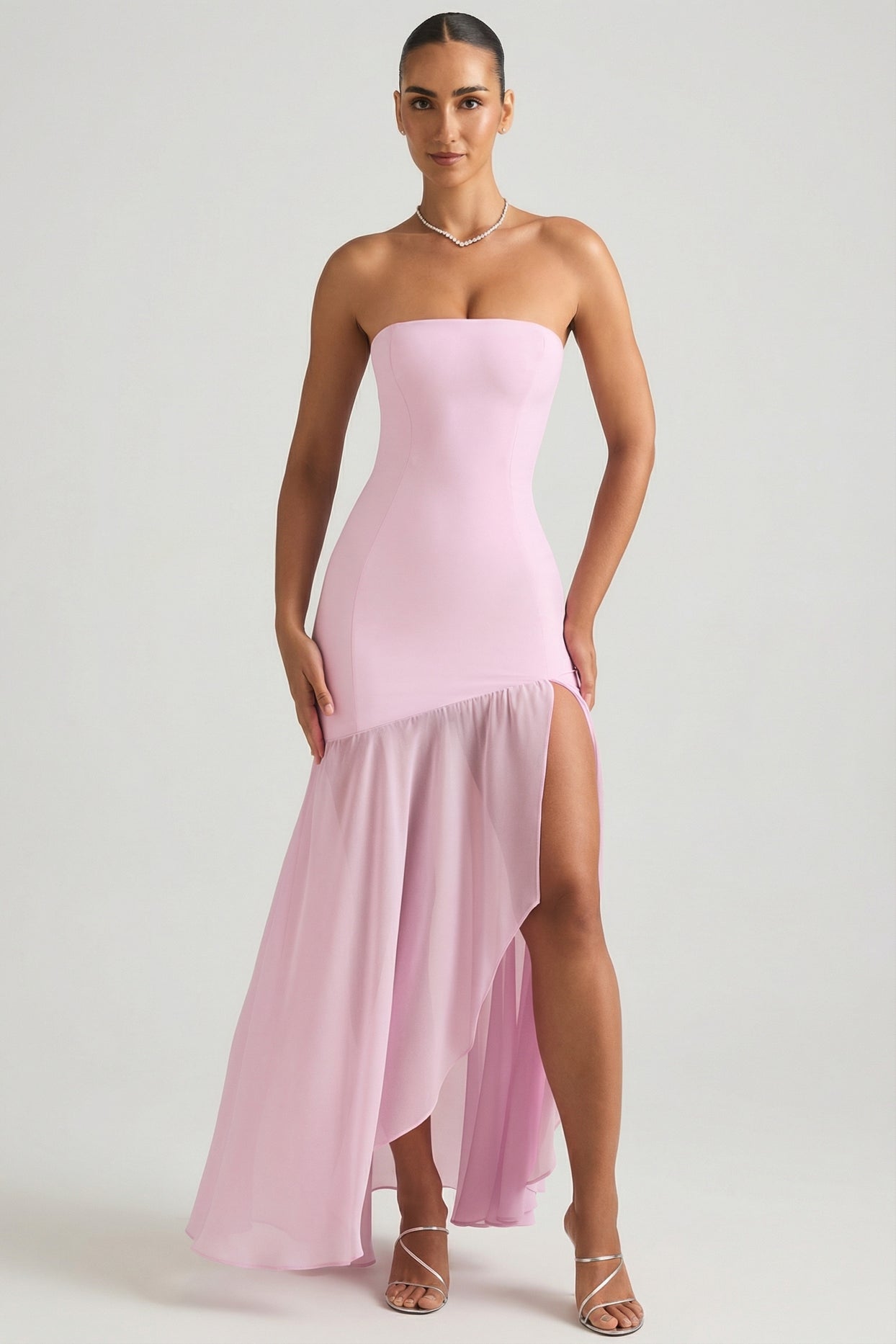 Asymmetric Strapless Fishtail Maxi Dress in Soft Pink - 1