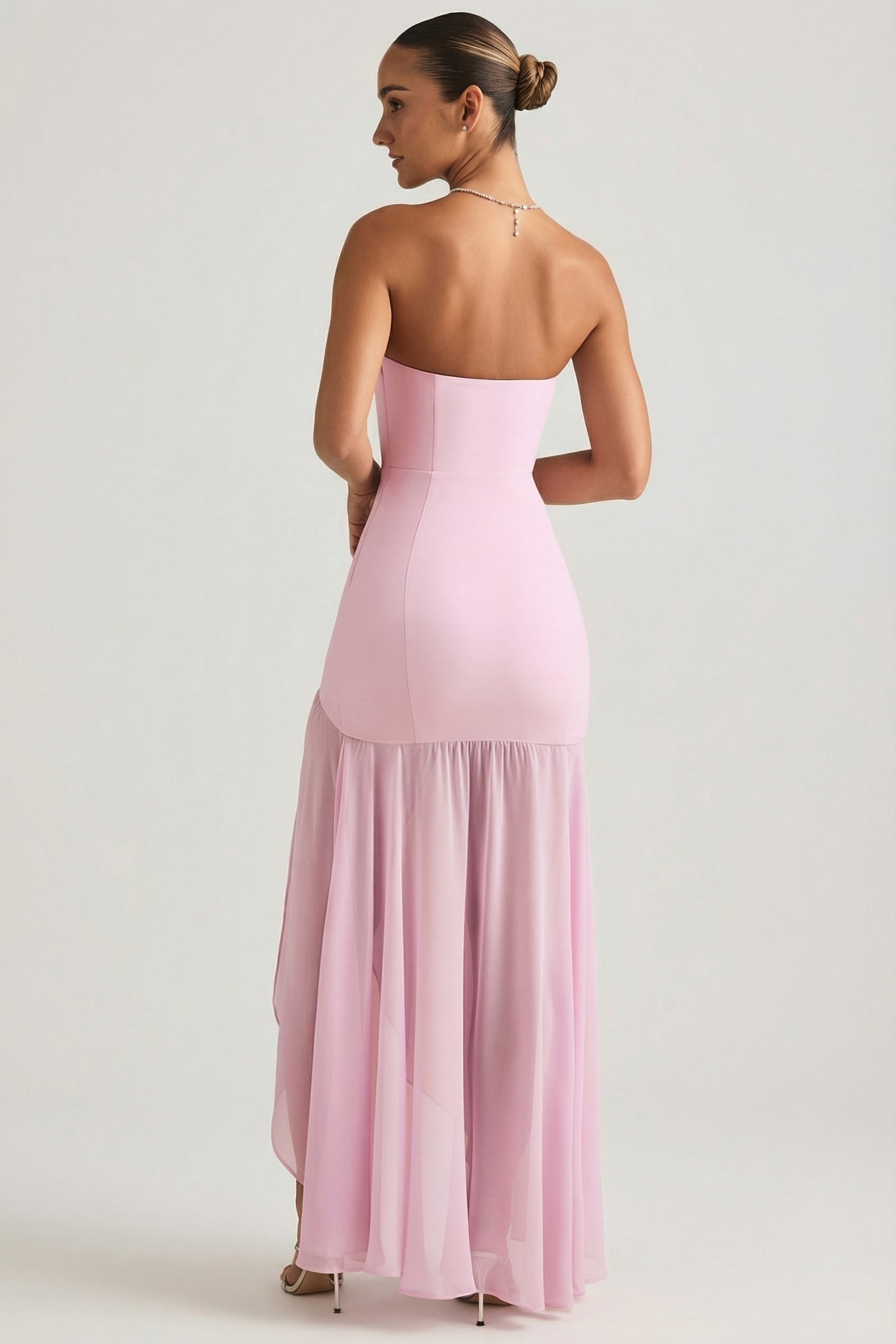 Asymmetric Strapless Fishtail Maxi Dress in Soft Pink - 5