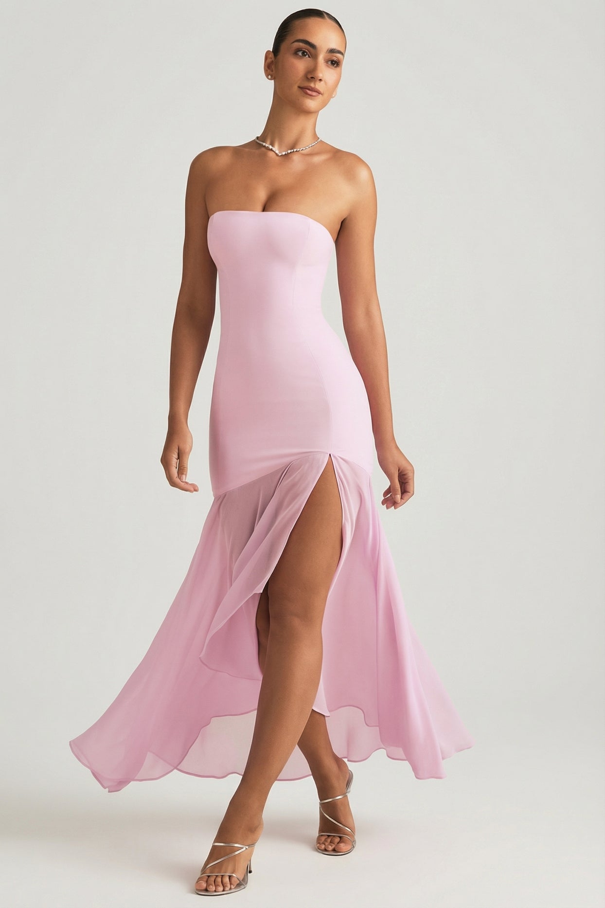 Asymmetric Strapless Fishtail Maxi Dress in Soft Pink - 6
