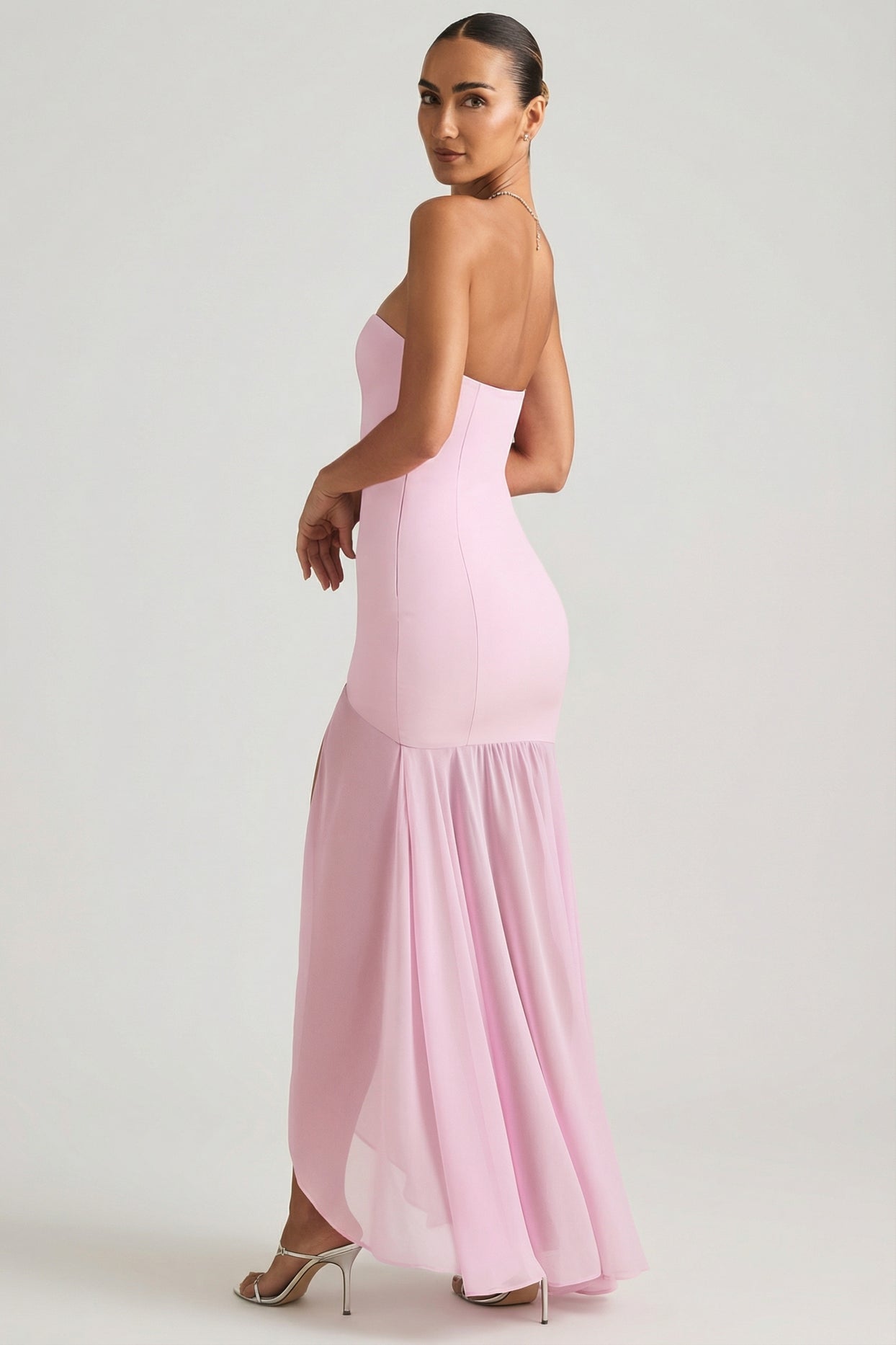 Asymmetric Strapless Fishtail Maxi Dress in Soft Pink - 2