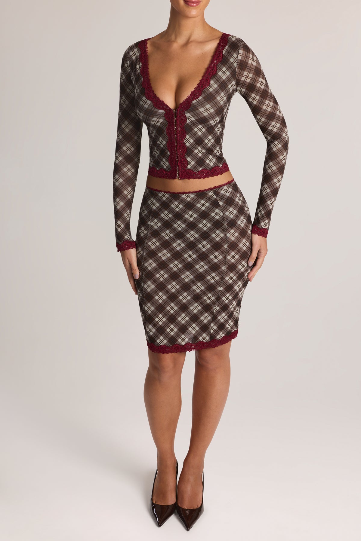 Lace-Trim Low-Rise Midi Skirt in Diagonal Check Print