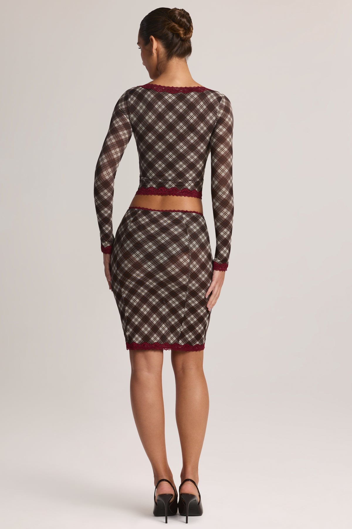Lace-Trim Low-Rise Midi Skirt in Diagonal Check Print