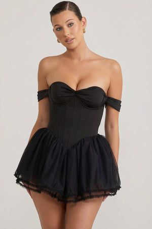 Oh Polly's Sarah wearing the Meredith Mini Dress in Black Tulle fabric perfect for cocktail parties