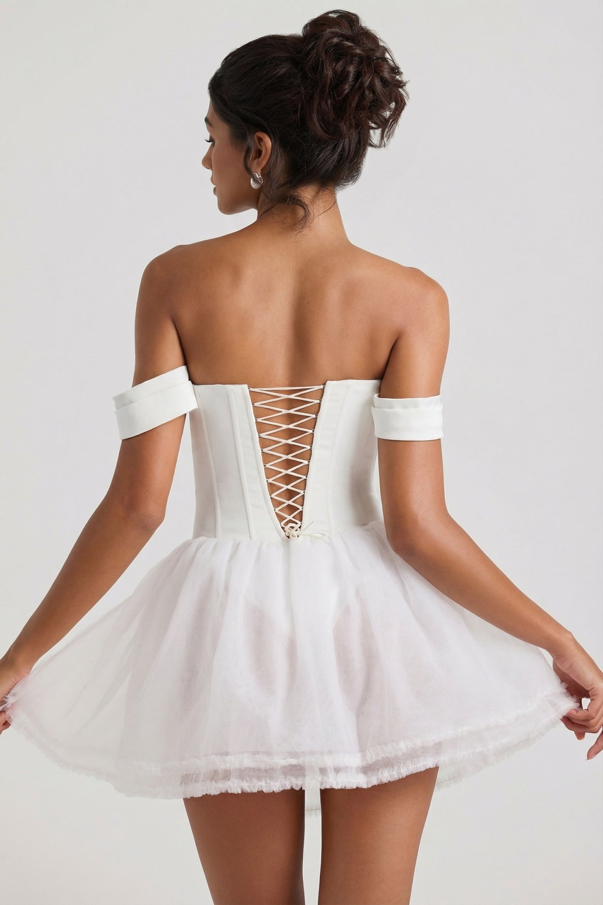 Off-Shoulder Layered Corset Micro Mini Dress in White - 5