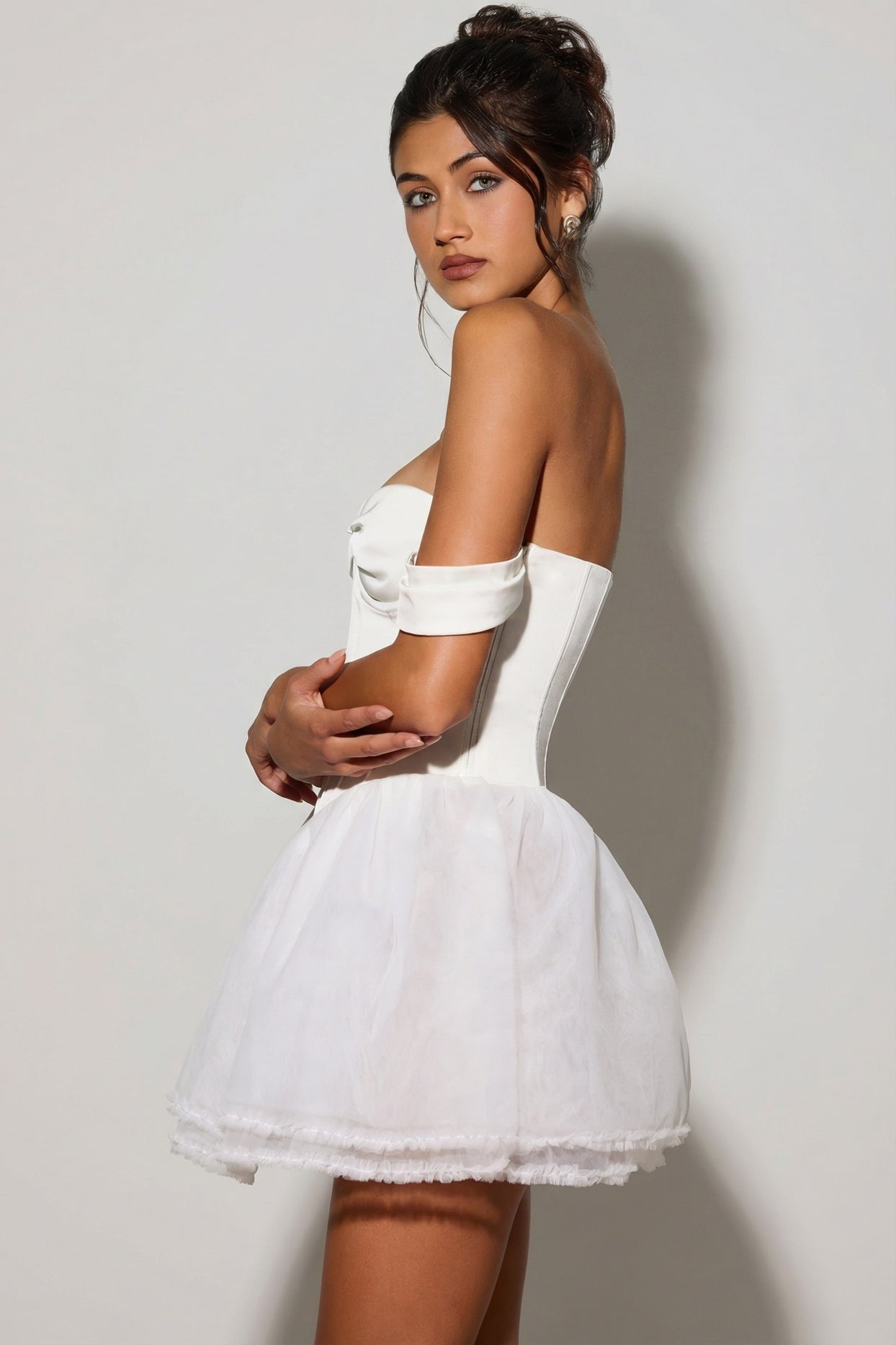 Off-Shoulder Layered Corset Micro Mini Dress in White - 3
