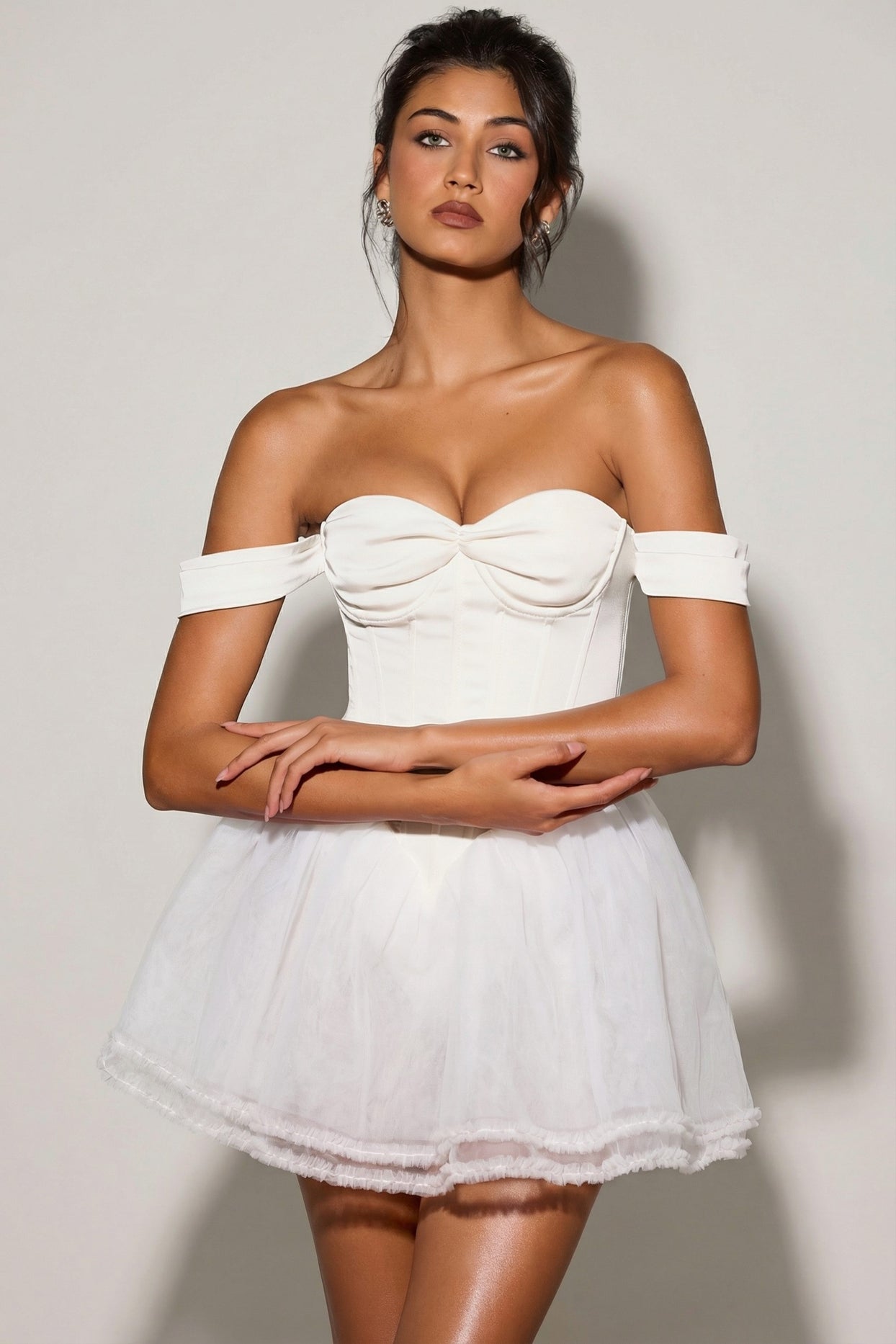 Off-Shoulder Layered Corset Micro Mini Dress in White - 1