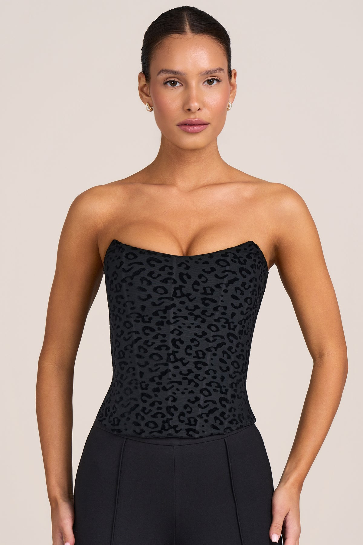 Flocked Leopard Mesh Corset Top in Black