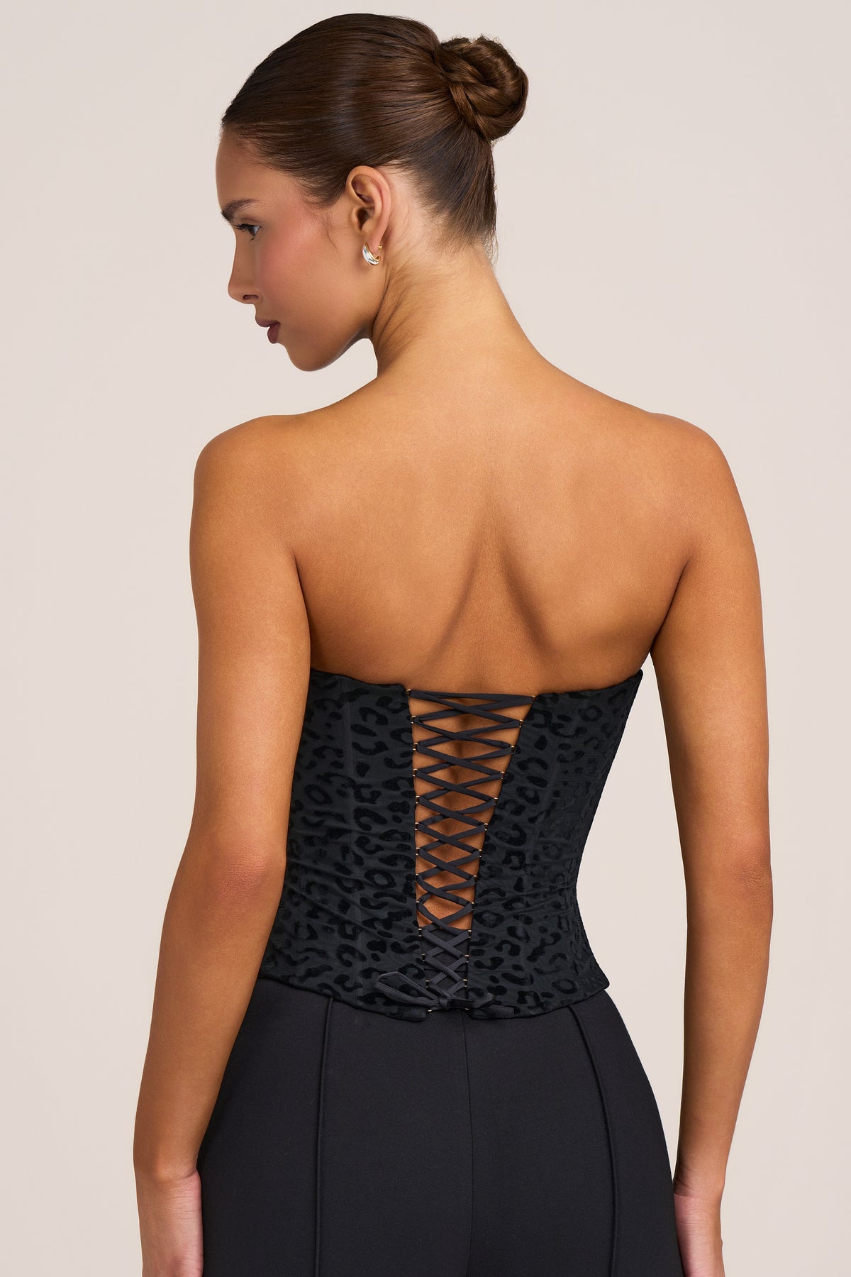 Flocked Leopard Mesh Corset Top in Black