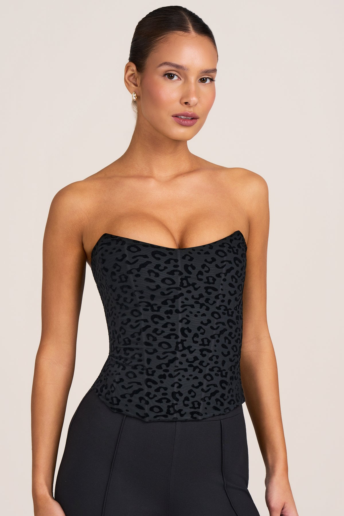 Flocked Leopard Mesh Corset Top in Black