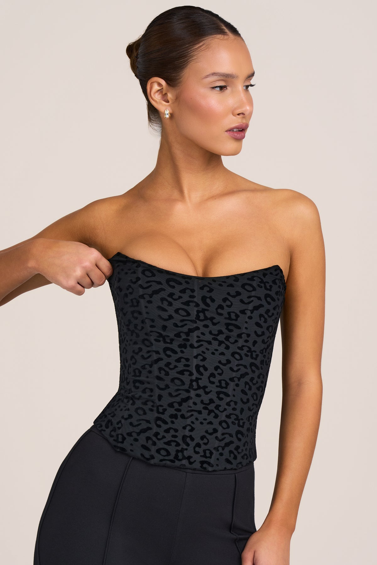 Flocked Leopard Mesh Corset Top in Black