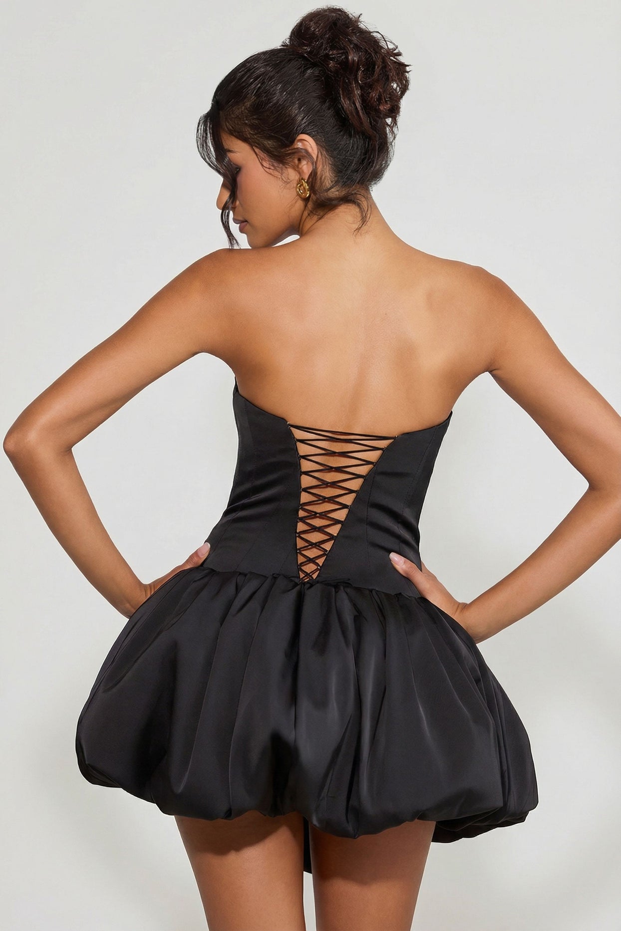 Lace-Up Bubble Hem Corset Micro Mini Dress in Black - 6