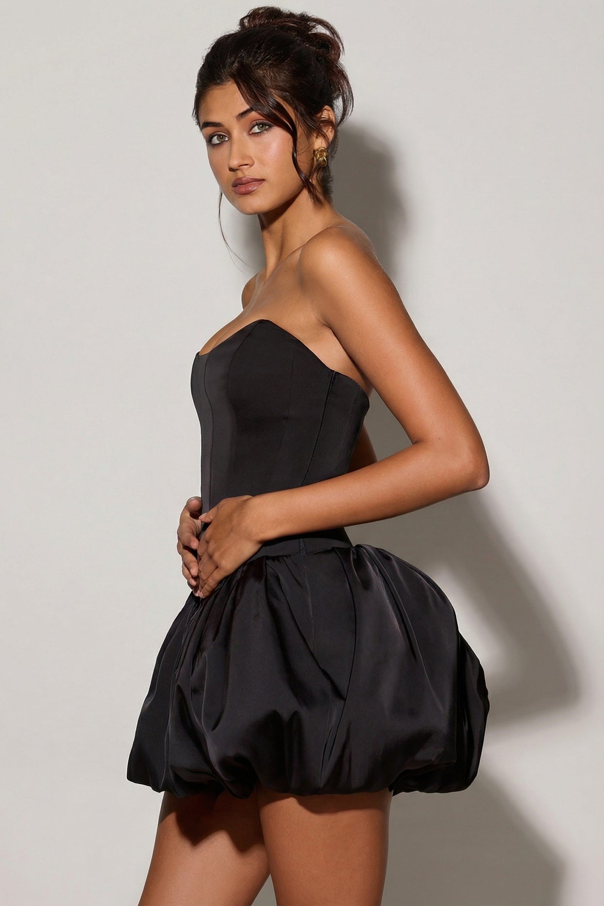 Lace-Up Bubble Hem Corset Micro Mini Dress in Black - 3